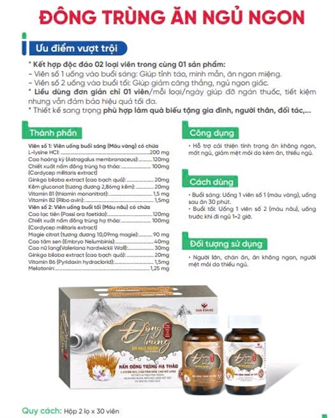 Đông Trùng Ăn Ngủ Ngon Dân Khang (Hộp 2 lọ x 30 viên) - Hoàng Liên