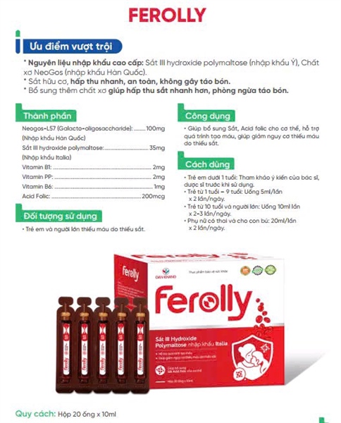 Ferolly (Bổ sung sắt và acid folic) (Hộp 20 ống x 10ml) - Dân Khang