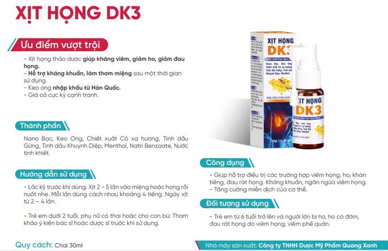 Xịt Họng DK3 30ml - Quang Xanh