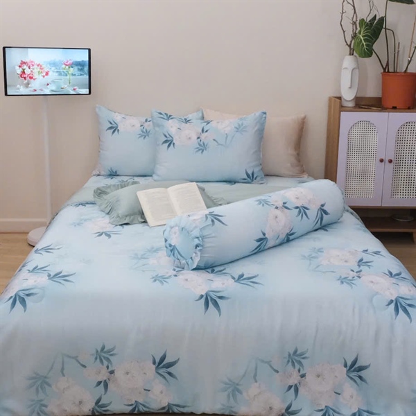 Bộ drap 4 món Tencel 60s họa tiết lá xanh nền xanh mint