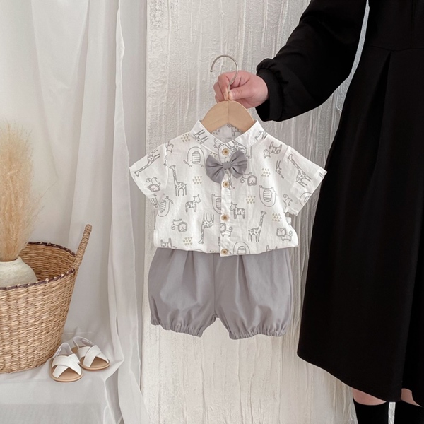 Set công tử màu ghi áo hoạ tiết