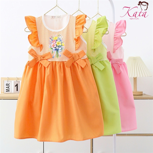 Đầm Bé Gái Phối Sọc Đính Nơ Eo In Hoa Dễ Thương Size 4-14, Ri6