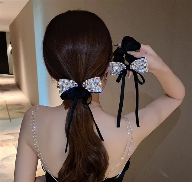 Dây buộc tóc đen, NƠ TO DẢI ĐÁ lấp lánh, nơ đen nhỏ ruy băng dài, SP1799