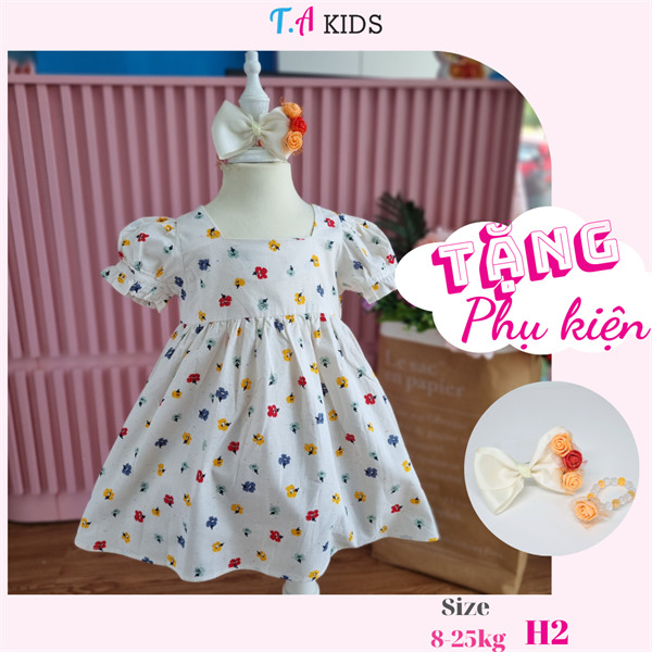 H2 (8-25kg) Váy bé gái T.A Kids cổ vuông trắng hoa màu