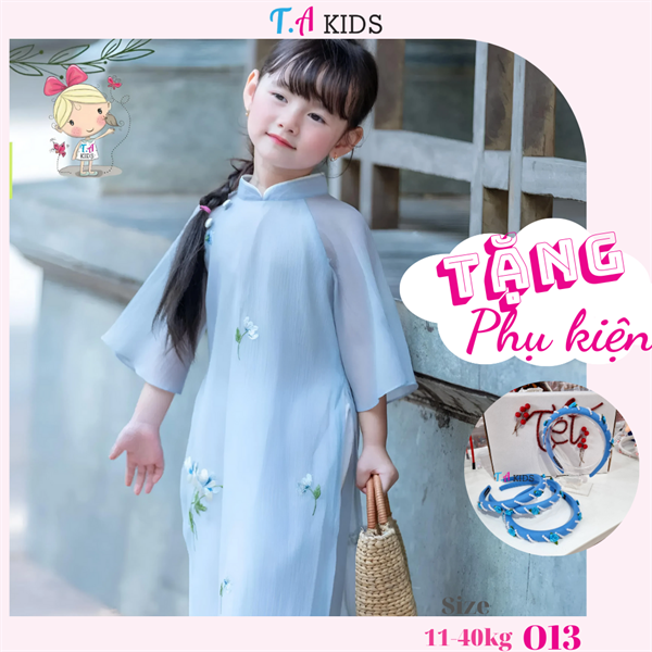 O13 (11- 40Kg) Áo dài xanh tơ xốp thêu hoa