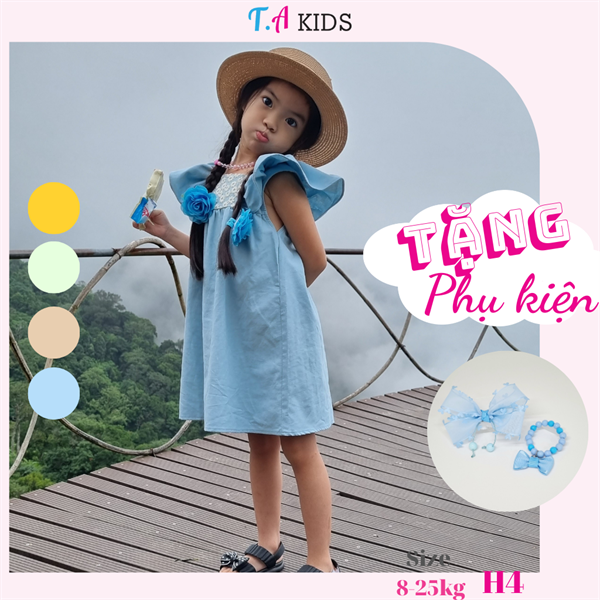 H4 (8-25kg) Váy bé gái T.A Kids cổ vuông ren xanh