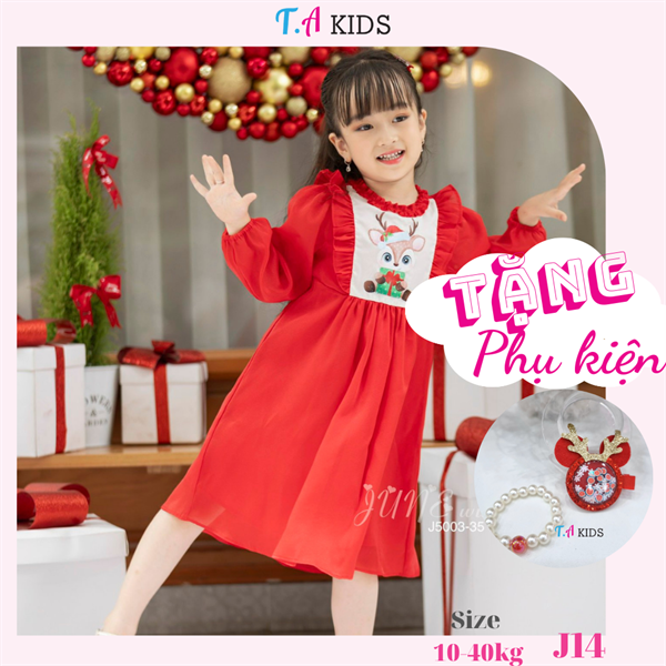 J14 (10-40kg) Váy đỏ Noel cổ bèo tay dài in tuần lộc
