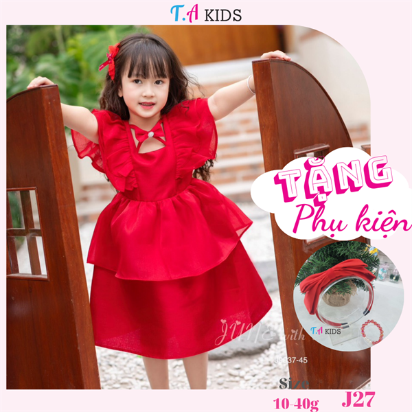 J27 (10-40kg) Váy đỏ 2 tầng nơ cổ
