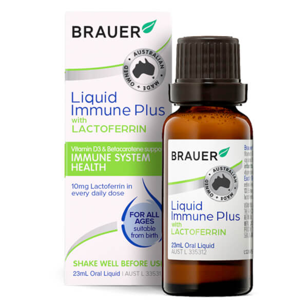 Thực phẩm bổ sung Liquid Immune Plus with Lactoferrin Brauer Bổ sung vitamin D3 và Betacarotene, hỗ trợ tăng cường sức đề kháng (Chai 23ml)