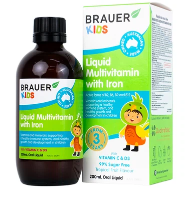 Thực phẩm bổ sung Siro Brauer Kids Liquid Multivitamin With Iron bổ sung vitamin và khoáng chất cho trẻ (200ml)
