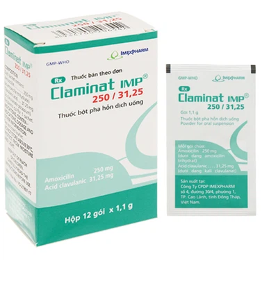 Thuốc Bột Claminat IMP 250/31.25 (Amoxicilin 250mg, Acid Clavulanic 31,25mg) Imexpharm điều trị nhiễm khuẩn (12 gói)