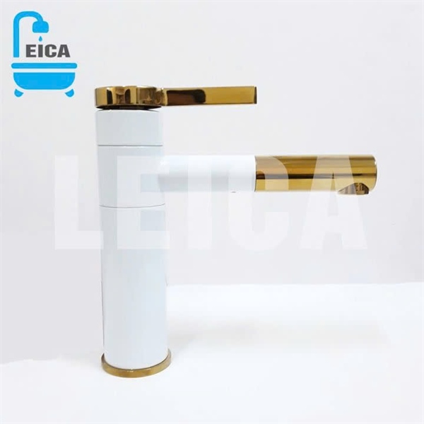 Vòi lavabo nóng lạnh xoay 360 sơn tĩnh điện trắng viền vàng LEICA LC-243
