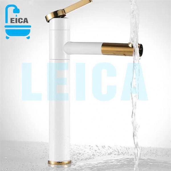 Vòi lavabo nóng lạnh xoay 360 sơn tĩnh điện trắng viền vàng LEICA LC-244