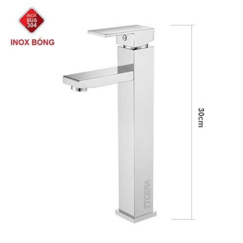 Vòi Lavabo Vuông Nóng Lạnh Inox 304 Bóng Gương Cao 30cm LC228
