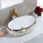 Chậu Lavabo Ovan Hoa Văn Mạ Vàng LC OV