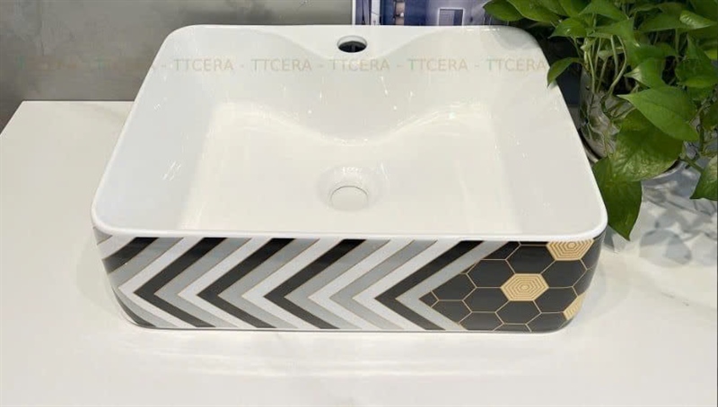 Chậu Lavabo Đặt Bàn Vuông Sọc Hoa Văn LC5119