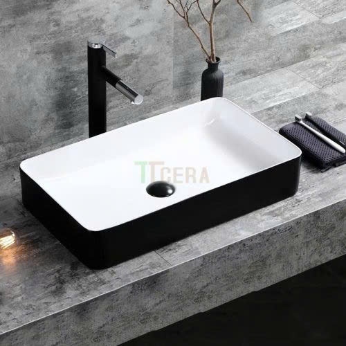 Chậu Lavabo Sứ Đặt Bàn Hình Chữ Nhật Mạ ORB Đen LC16