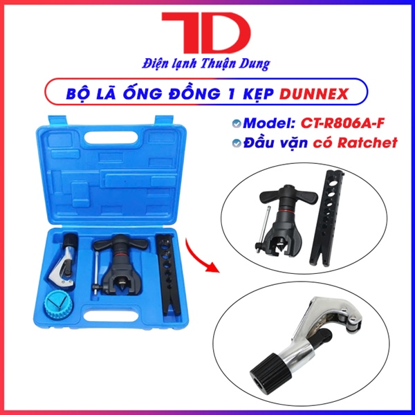 Bộ Loe Ống Đồng lệch tâm 1 Kẹp Dunnex CT-R806A-F, tay lắc đầu vặn có Ratchet, kèm dao cắt CT-274, dao nạo bavia CT-208, hộp nhựa (thùng 10 bộ)