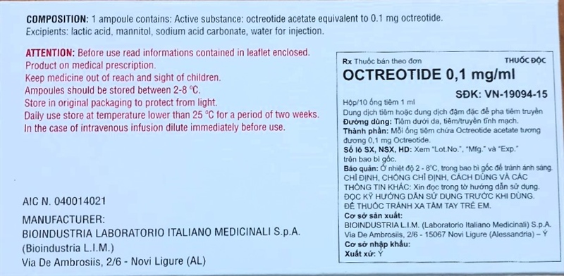 Octreotide 0,1 mg/ml (Hộp 10 ống 1ml) - Ý 2