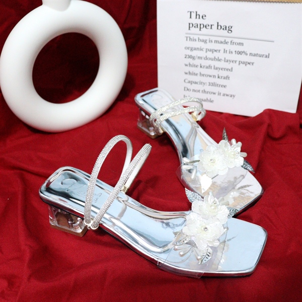 Sandal Hậu Kéo Kim Sa Quai Trong Nơ Hoa Kép