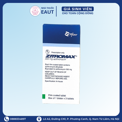 Zitromax 500mg (H/1vỉ x 3viên).