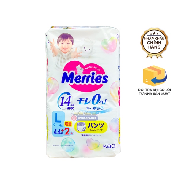 Bỉm Merries Nhật Bản Size 04 L quần 44+2 (9-14kg) (mẫu mới)