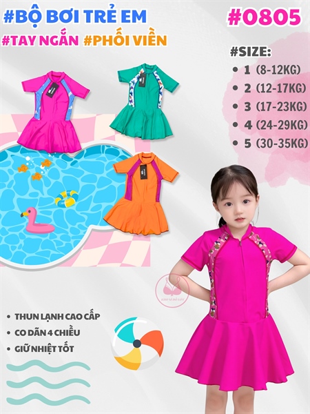 Bộ bơi trẻ em, liền tay ngắn (phối màu) 0805