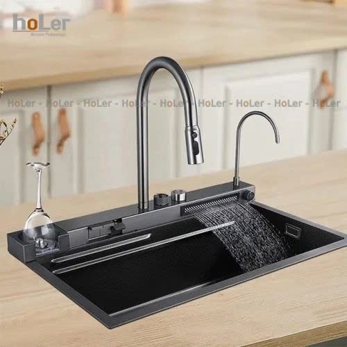 Combo Chậu Và Vòi Rửa Chén Đơn Thác Nước Phủ Nano Đen LC-7546D