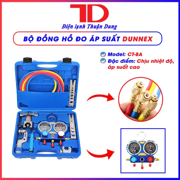 Bộ Đồng Hồ Đo Áp Suất Dunnex và Dụng Cụ Loe Ống CT-8A (CT-N806AM) Dùng Cho Gas R22, R134, R410, R32, lã ống đồng lệch tâm 2 kẹp, kèm dao cắt CT-532, dao cạo bavia CT-207, (4 bộ/thùng)