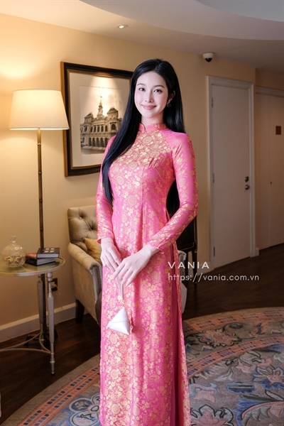 Áo dài truyền thống lụa gấm cổ thấp