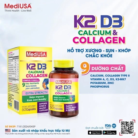 Hỗ trợ xương - sụn - khớp K2 D3 Calcium Collagen (Lọ 60 viên) - MediUSA