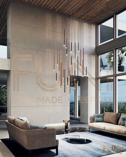 Đèn treo thông tầng | 1800x1000xH3500 mm - Stainless steel, Acylic-Gold, Black