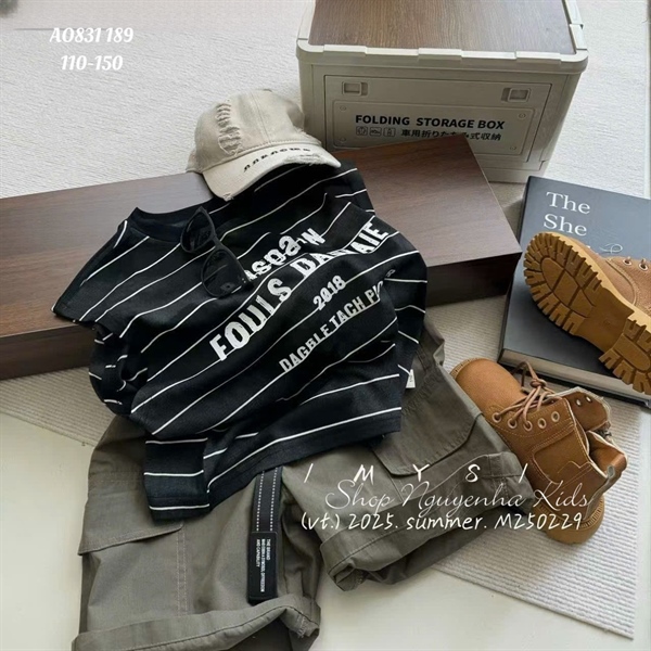 AO831 Áo sn đen sọc trắng chữ