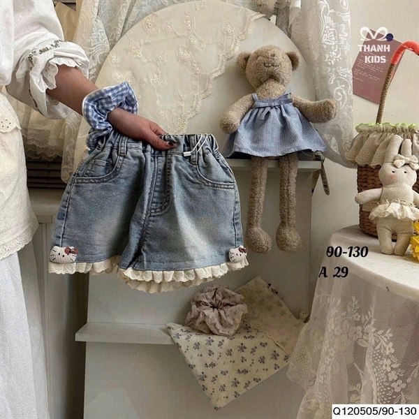 Quần Jean Đùi BG Viền Ren Đính Mèo Kitty (90-130)
