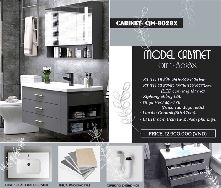 Bộ tủ nhựa lavabo QM8028 Xám