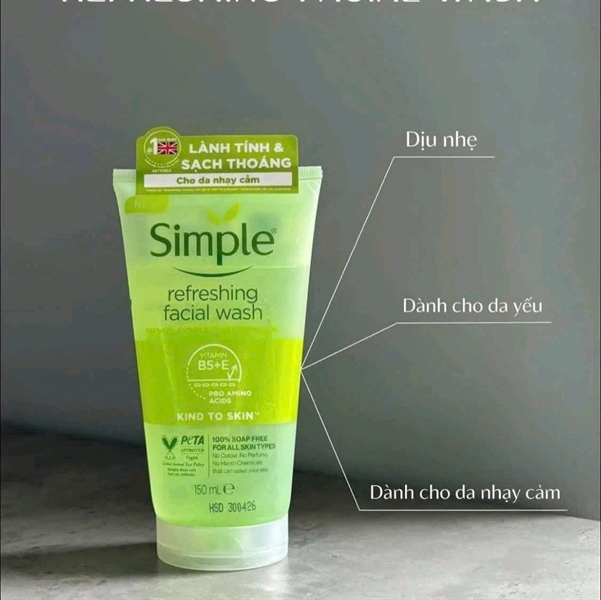 Gel rửa mặt Simple cho da nhạy cảm tuýp xanh lá 150ml