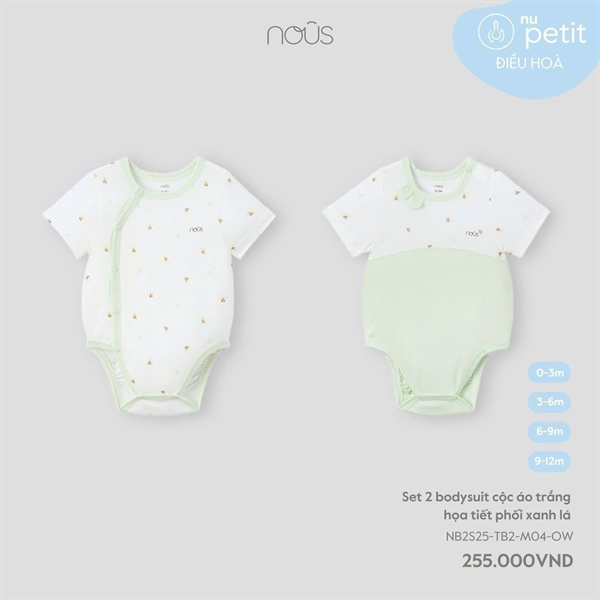 Nous bodysuit cộc tay màu trắng họa tiết phối xanh lá set2