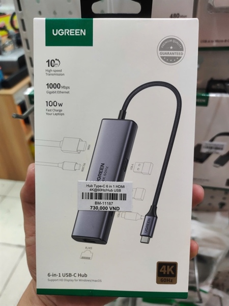 Hub Type-C 6 in 1 HDMI 4K@60Hz/Hub USB 3.0/LAN/PD 100W Ugreen 45000