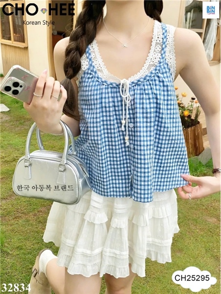 32834-Set áo caro xanh ren + CV trắng