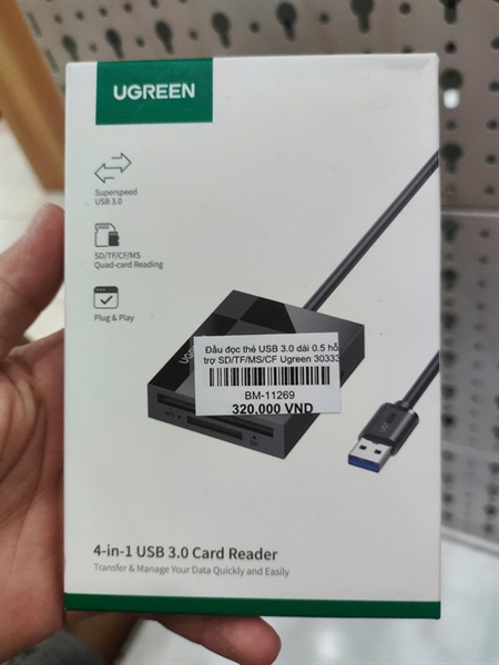 Đầu đọc thẻ USB 3.0 dài 0.5 hỗ trợ SD/TF/MS/CF Ugreen 30333