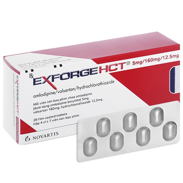 Thuốc Exforge HCT 5mg/160mg/12,5mg (H*4vỉ*7viên) điều trị tăng huyết áp vô căn - Tây Ban Nha