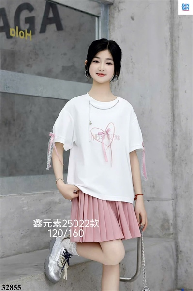 32855-Set áo trắng trái tym hồng + CV xếp ly