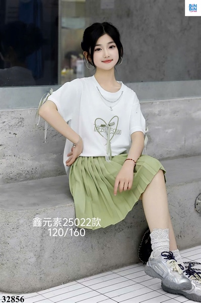 32856-Set áo trắng trái tym xanh + CV xếp ly