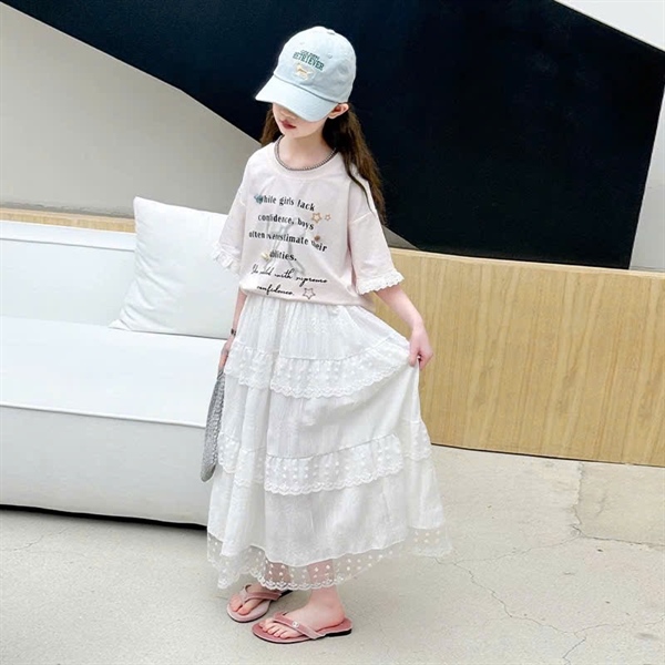 32836-Set áo thun hồng + Cv tầng ren hoa