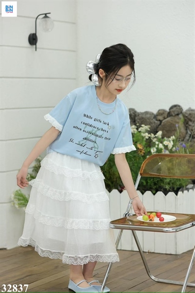 32837-Set áo thun xanh + Cv tầng ren hoa