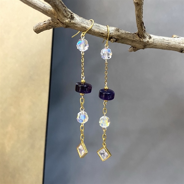 Hoa tai pha lê 5000M6 mix thạch anh tím và charm CZ