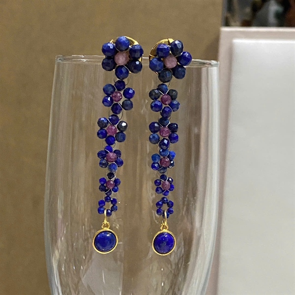 Hoa tai đá lapis nhí mix ruby và charm bạc 925