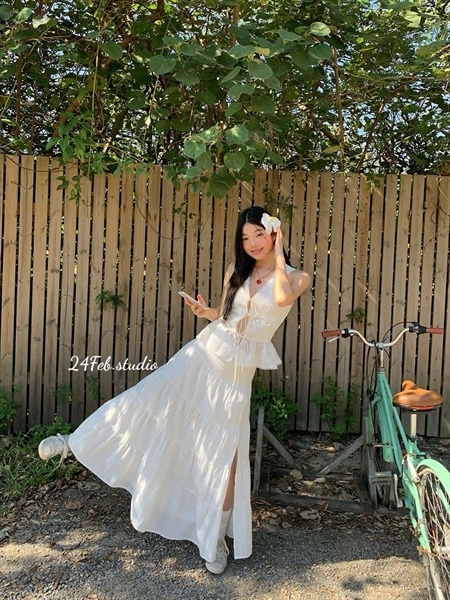 [AH] Set áo sát nách cổ V viền ren + chân váy tầng xẻ