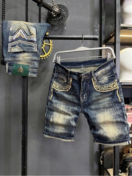 Sort Jean QC- JD730 xanh was thêu thổ cẩm đắp da trước sau