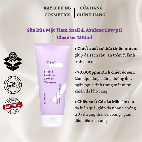 Sữa Rửa Mặt TIAM Snail & Azulene Low pH Cleanser Cho Da Nhạy Cảm 200ml